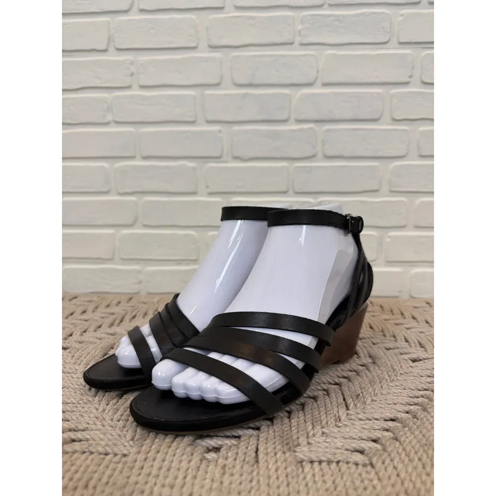 Franco Sarto Della Wedge Sandals Black Leather Strappy Size 6